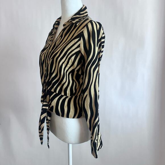 RACHEL ZOE ANIMAL PRINT RETRO 90'S TIE AT THE WAIST LONG SLEEVE BLOUSE SIZE MED - Picture 2 of 11